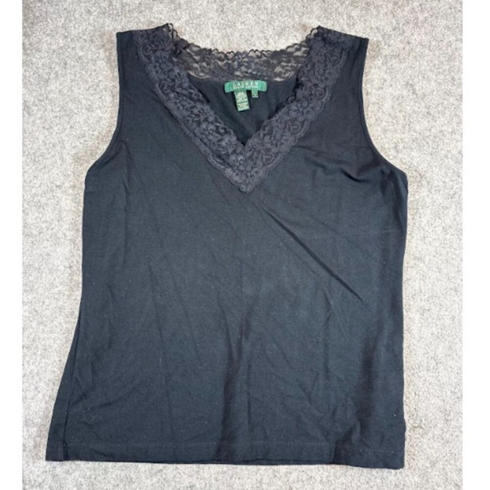 Lauren Ralph Lauren Lace Trim Tank Top Womens Large Black V-Neck Minimalist Y2K